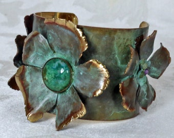 Patina Flower Brass Cuff Bracelet with Genuine Stone