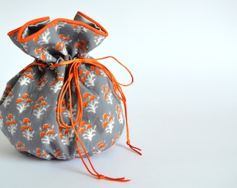 Orange and Grey Drawstring Pouch, Small Pouch, Drawstring Bag, Vintage Style patterned fabric