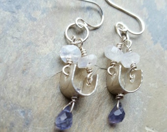 Moonstone, Iolite, Embossed Sterling Silver Earrings