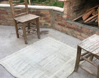 Turkish Rug, White Vintage Tulu, Moroccan Rugs, Kilim Fabric, New Home Gift, Unique Gift, Wedding Gift, Kitchen Rug, 3.28x3.6 ft,