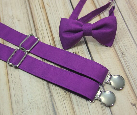 Solid Dark Violet Purple Bow Tie and Suspenders set Men