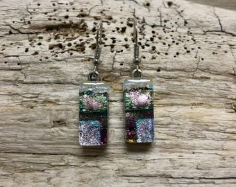 Dichroic glass jewelry, fused glass earrings, handmade dichroic glass, dichroic glass earrings, Dichroic Glass Dangle earrings