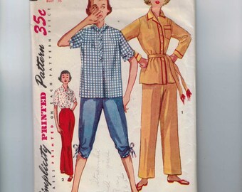 1950s Vintage Sewing Pattern Simplicity 4473 Misses Two Piece Pajamas Size 18 Bust 36 50s