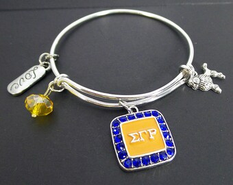 Sigma Gamma Rho Sorority Expandable Bangle Charm Bracelet, Sigma Shield Charm, Poodle Charm Bracelet, Sigma Bracelet, Blue and Yellow