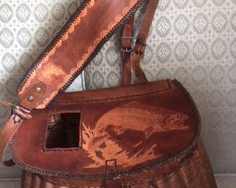 French weave antique fishing creel with beautiful hand tooled leather lid & straps