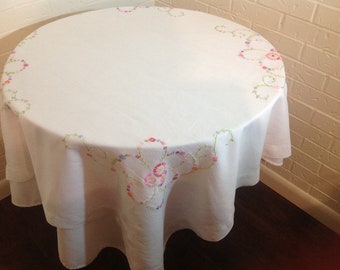 Vintage embroidered table cloth English tea garden Country cottage decor Easter tablecloth Spring tablecloth