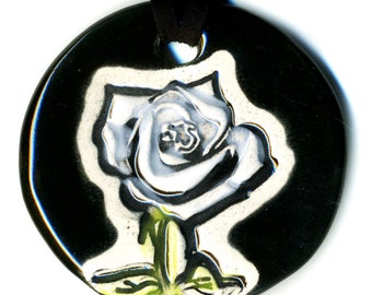 White Rose Ceramic Necklace in Black