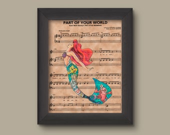 Disney Little Mermaid, Ariel Sheet Music Art Print, Little Mermaid Gift, Little Mermaid Art, Part of Your World Sheet Music Art Print