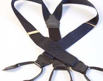 Vintage Mens Suspenders - Button on black Suspenders with ziczac pattern and blue dots made in England