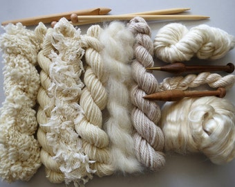 30% OFF - Yarn pack for knitting, crochet, weaving or felting. Wool, silk and kid mohair - Natural.