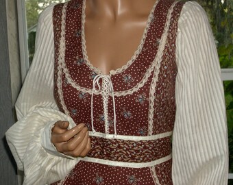 Gunne Sax Boho Dress of Calico with Tie Corset Vintage Large