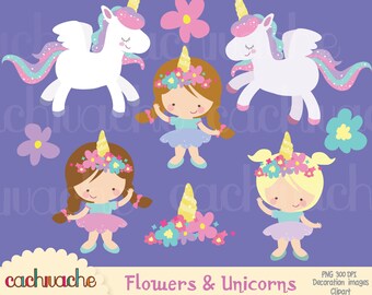 Unicorn and girls Clipart - Set de 9 imágenes de unicornios y niñas, uso personal, uso comercial pequeño, descarga inmediata