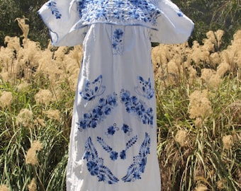 vintage cotton mexican gauze cream caftan dress with embroidery
