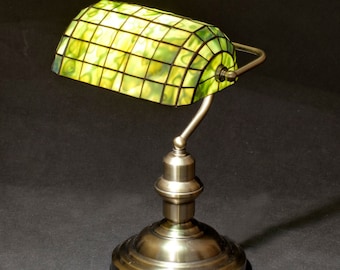 Bankers Lamp, Library Lamp, Brass Lamp, Stained Glass Lamp, Table Lamp, Office Lamp, Office Decor, Table Decor, Green Lamp Shade