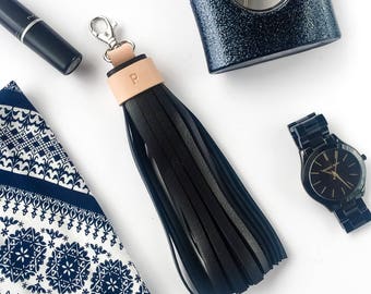 Black Personalised Leather Tassel | Bag charm, Tassel purse charm, Leather key charm, Clip on tassel, Gift for her, Christmas wife gift