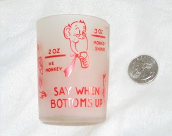 Vintage 50s Monkey Frosted 4 oz Shot Glass Bottoms Up
