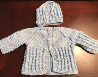 Beautiful Hand Knit Newborn Sweater/Sacque & Hat