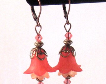Coral & Peach "Fairy" Flower, Swarovksi Crystal and Pearl Earrings, Coral Jewelry, Flower Jewelry, Peach Jewelry, Fall Jewelry, Fall Fashion