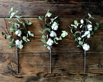 Cotton with Greenery Spray Floral Stem on Wired Pick - 18" - Set of Three