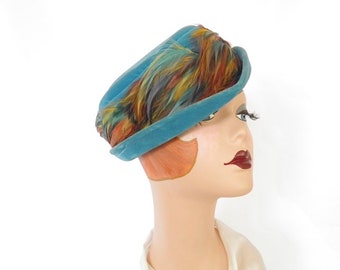 Woman's turquoise hat, vintage teal aqua velvet with feathers