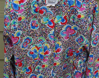 Vintage 70s 80s Notations Floral Abstract Bright Vivid Graphic Print Blouse Top Shirt Size 12