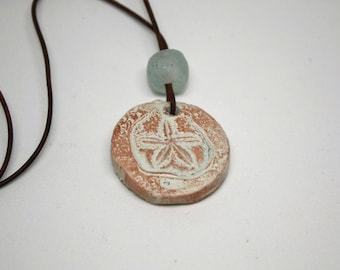 Beach Jewelry - Artisan Ceramic Sand Dollar Pendant with Recycled Glass Bead, Leather Cord Necklace, Beach Boho, Ceramic Pendant Necklace