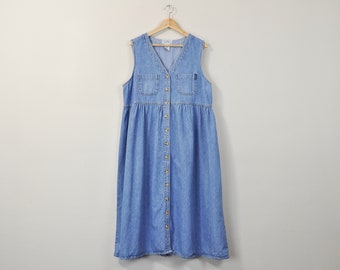 Long Denim Dress, 90s Sleeveless Dress, Vintage Denim Maxi Dress, Denim Babydoll Dress, Full Length Oversized Dress, 90s Minimal Dress