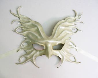 Leather Angel Mask or Wings Butterfly Moth Bird in Pearl with White Off-white Light Brown and a touch of Silver and Gold