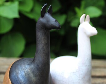 Cute Llama Alpaca Ceramic Figurine Black And White Pottery Toy Small Lovely Llamas Miniature Animal Sculpture, Llama Decor Gift Lovers