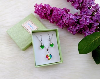 Heart necklace, heart earrings, stainless steel, jewelry set, heart set, gift for her, weddings jewellery, jewelry heart set, crystal heart