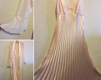 70s does 20s Vintage Peignoir ~ Accordion Pleat Satin Nightgown & Sheer Bell Sleeve Robe ~ L