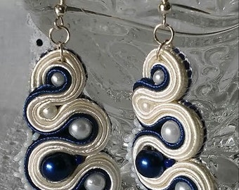 White-blue Soutache unique Earrings