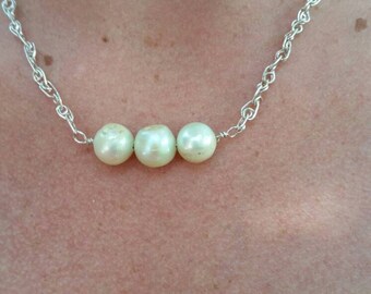 Large three Blister Pearls necklace handmade sterling chain,.