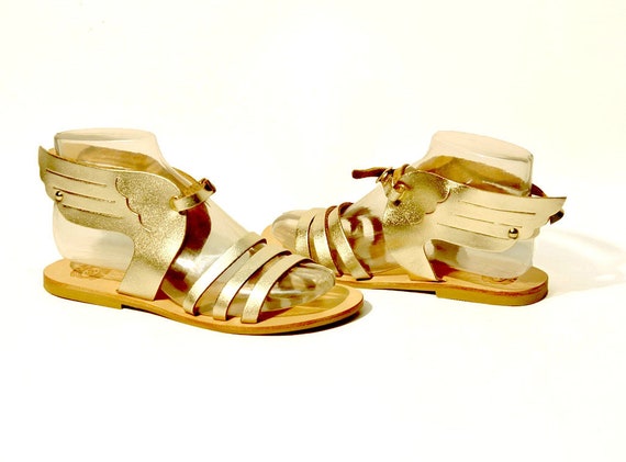Leather Sandals Hermes Winged Greek Sandals Gold Sandals.