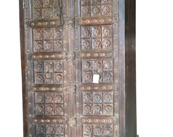 Farmhouse Chic Antique Wardrobe Armoire Lotus Floral Carved Doors Indian Furniture Storage Cabinet NATURAL WOOD Indian Decor Festive Season