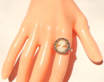 Vintage Cameo, New Sterling Silver Ring, Size Adjustable, Hand Carved Cameo, Italian Cameo, Carved Conch Shell Cameo, OOAK