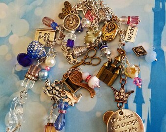 Charm Fob Clip-on inspired by Disney Dooney "CINDERELLA" Handbags. Featuring unique charms, vintage glass beads & lots of magical charm!