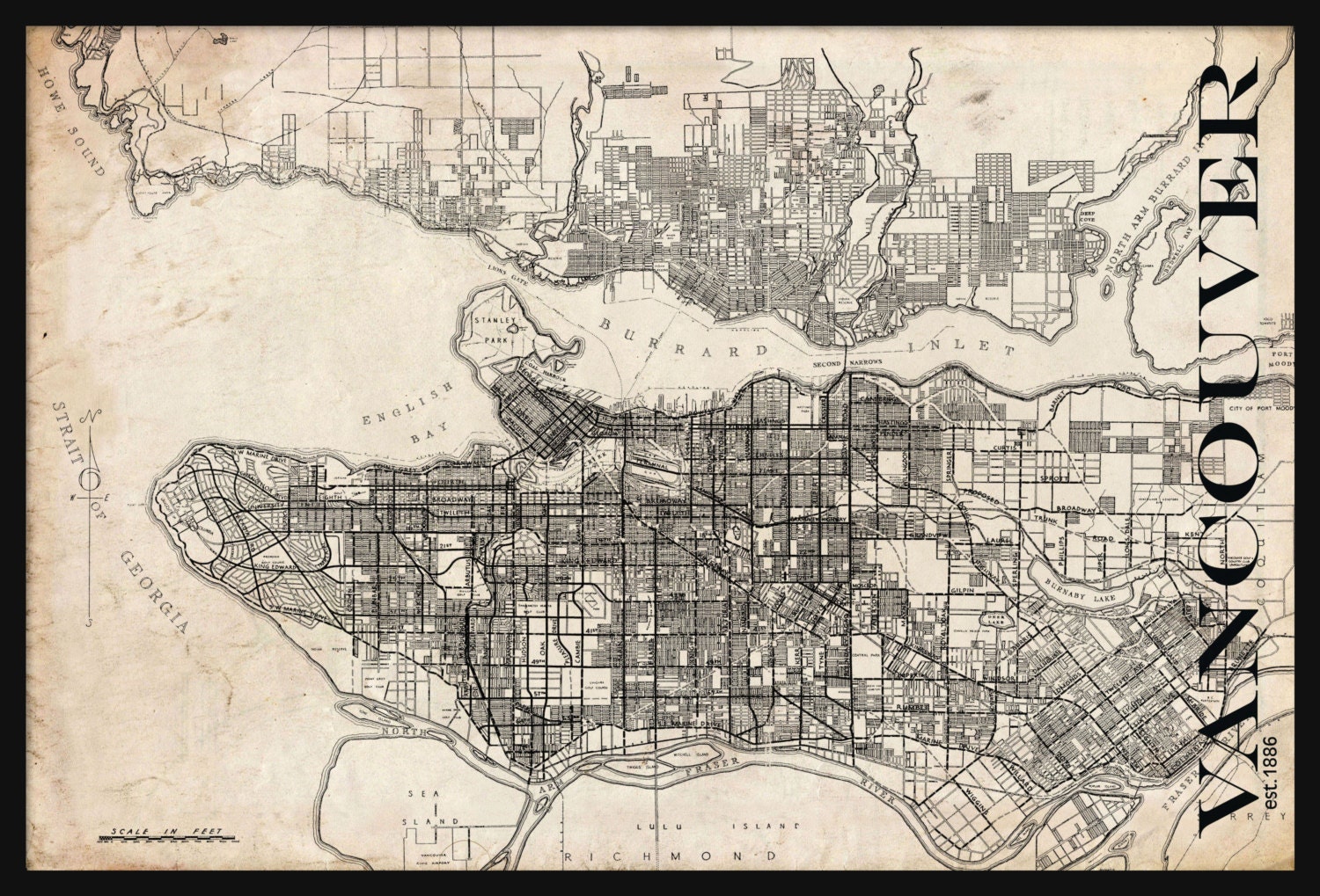 Vancouver Map Vintage Street Map Print Poster Title Grunge