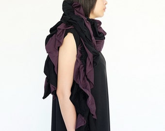 NO.159 Black and Purple Cotton-Blend Jersey Two Tone Ruffle Scarf