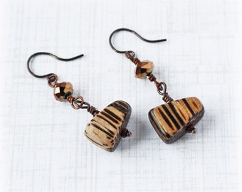 Coconut Earrings Crystal Earrings Copper Earrings Drop Earrings Boho Earrings Rustic Earrings Tribal Earrings Brown Earrings Earthy Earrings