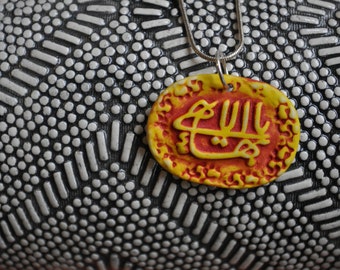 The Greatest Name--- porcelain pendant necklace-- saffron yellow and paprika red