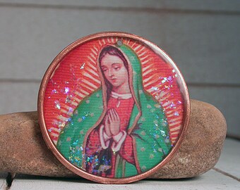 Resin Pendant, Rustic Mixed Media Our Lady of Guadalupe, Resin Focal Bead, Divine Spark Designs, SRA