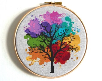 Four Seasons Cross stitch pattern Watercolor Art Rainbow cross stitch Tree Counted cross stitch Modern Embroidery Hoop Art Easy cross stitch