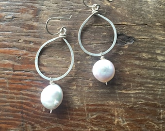 Sterling Silver Hoop and Coin Pearl Earrings