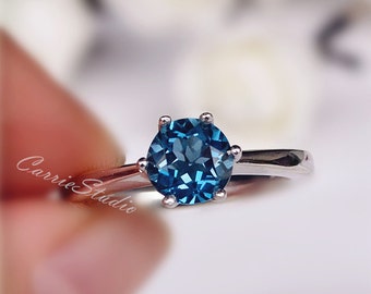 6.5 mm Genuine Natural London Blue Topaz Ring 6 Claws Topaz Engagement Ring/ Wedding Ring Sterling Silver Ring Promise Ring Anniversary Ring