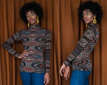 Frequency Turtleneck Psychedelic 70's Print Long Sleeve XS S M L XL XXL