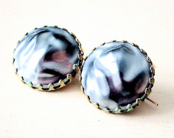 Luminous Faux Pearl Vintage Earrings - Gold - Verdigris - Patina - Gray - Grey - Jewelry - catROCKS - French Wire - Pierced Ears - Circle