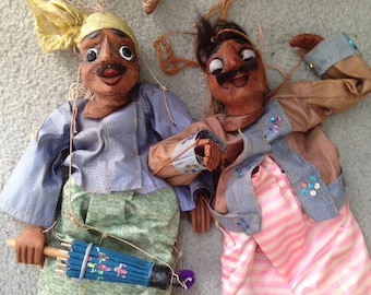 Vintage Pair Hand-Made Wood Large Marionette Puppets