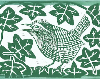 Wren linocut hand printed card