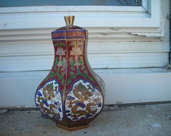 vintage Chinese enamel metal ginger jar dragon flowers